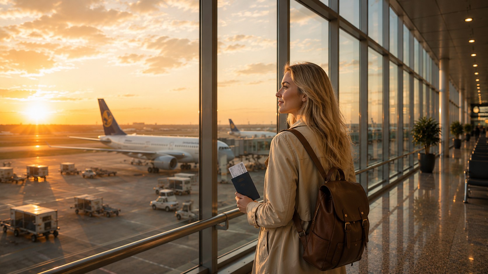 A family looking out over the tarmac, ready to travel
