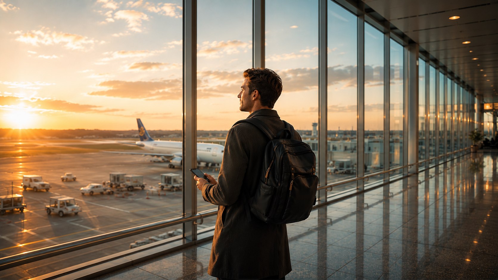 A traveler looking out over the airport tarmac, ready to travel