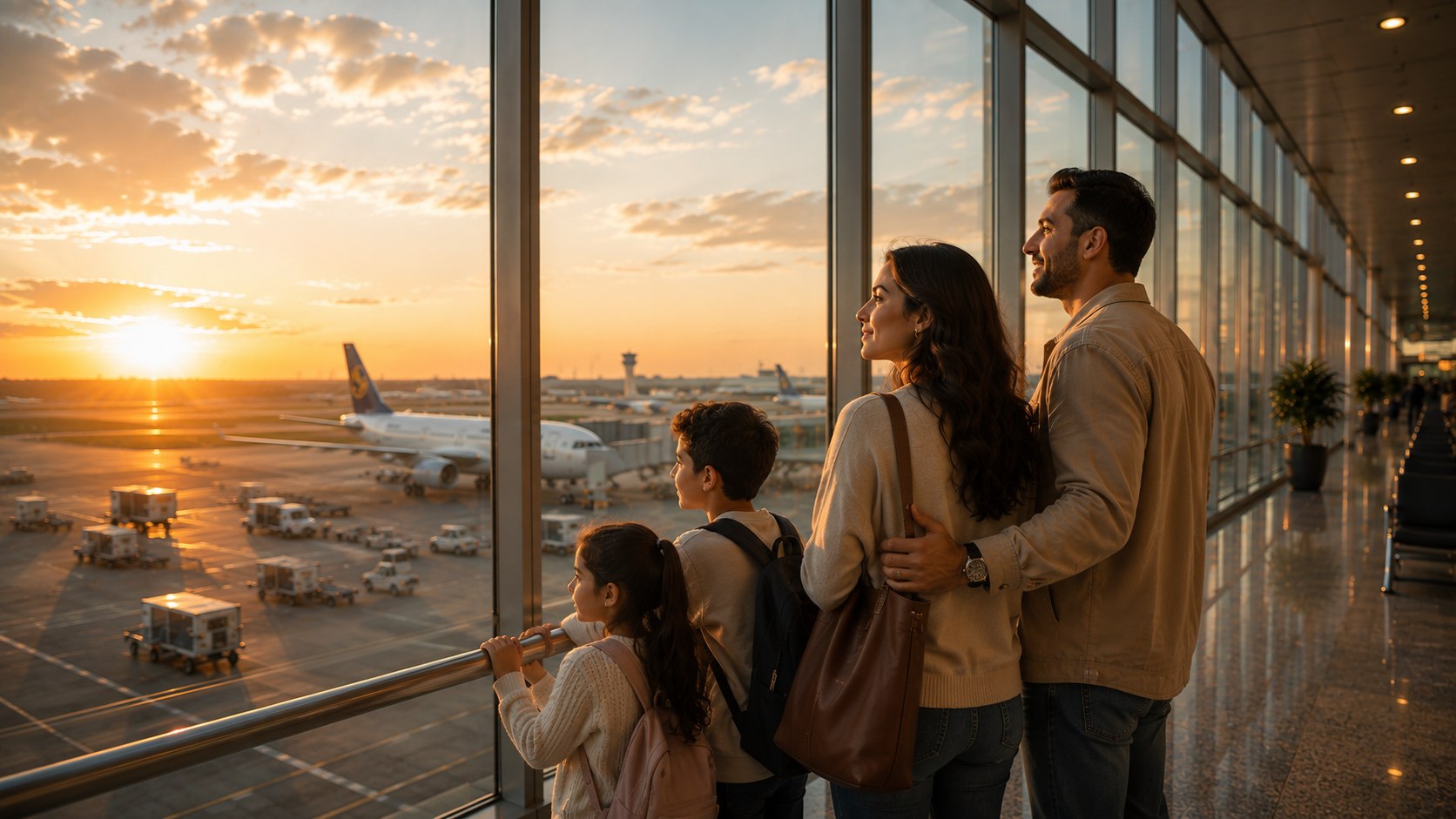 A family looking out over the tarmac, ready to travel