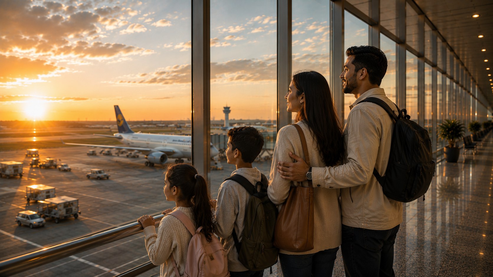 A family looking out over the tarmac, ready to travel