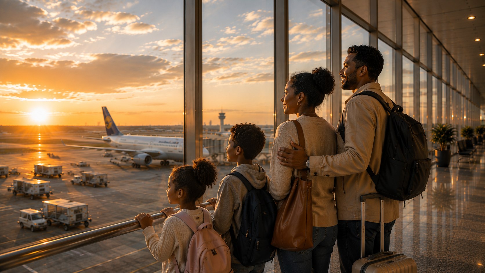 A family looking out over the tarmac, ready to travel