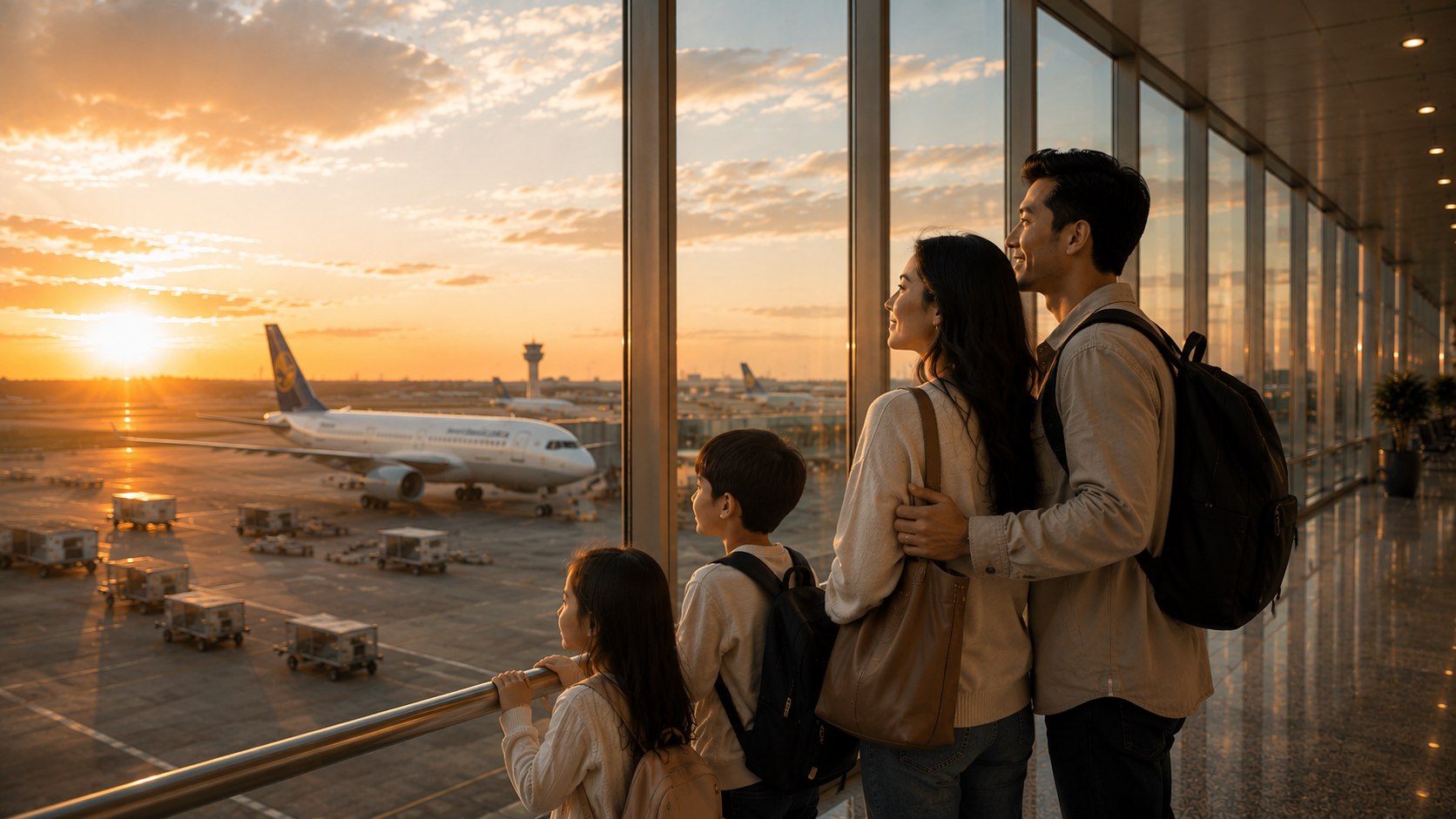A family looking out over the tarmac, ready to travel