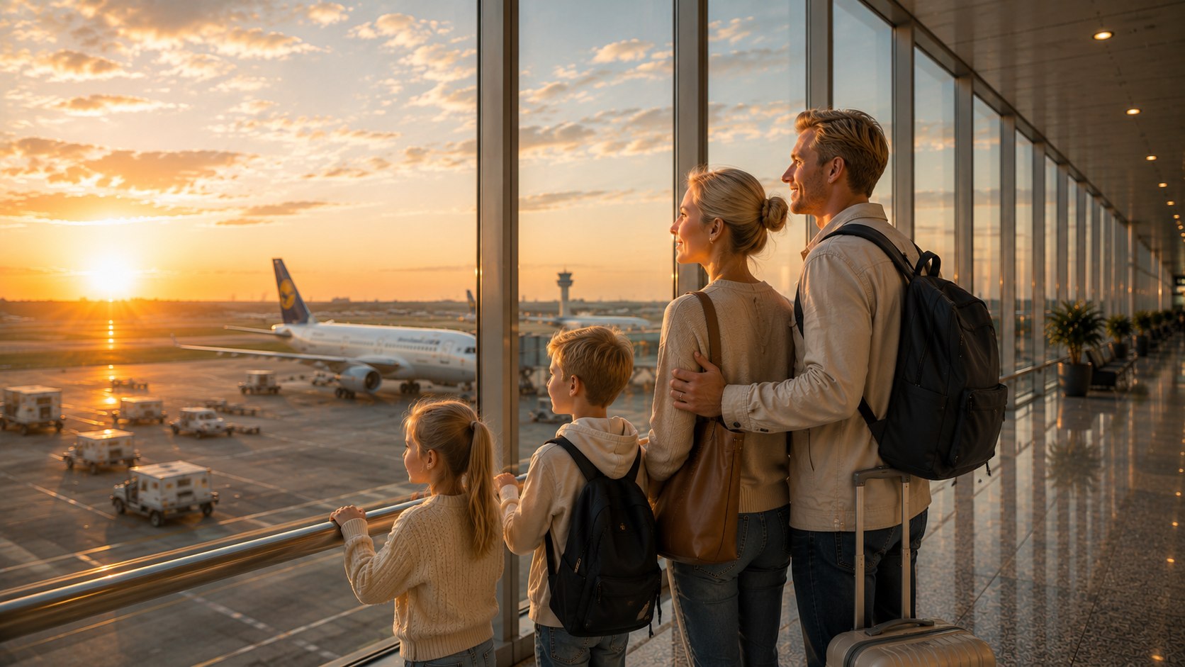 A family looking out over the tarmac, ready to travel